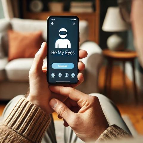 Una persona ciega mantiene en sus manos un smartphone con la aplicación "Be my eyes" en sus manos